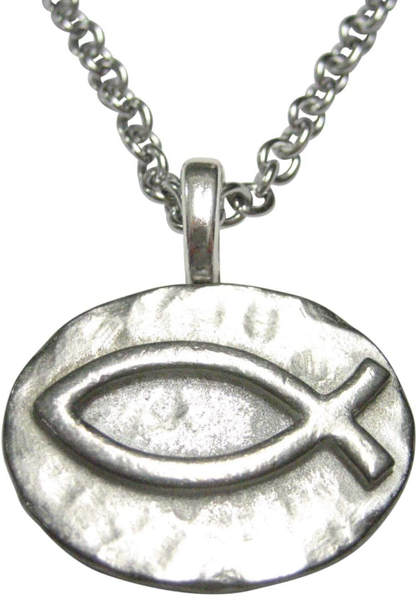Silver Toned Pewter Oval Religious Ichthys Fish Pendant Stainless Steel Chain Necklace