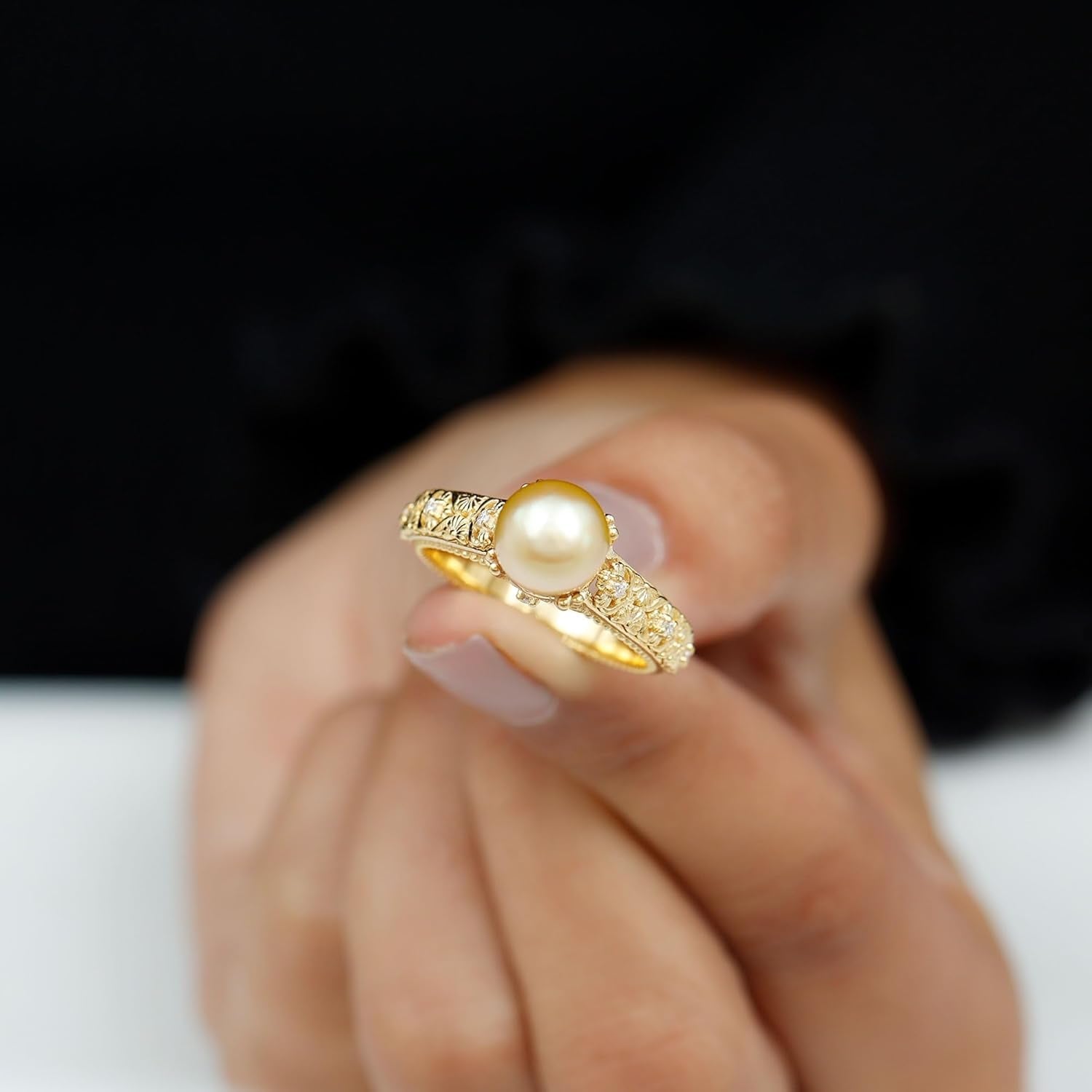 Real Golden Pearl Diamond Engagement Ring, AAA Quality, South Sea Pearl Flower Ring - Ready to Gift