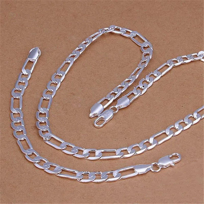 2Pcs/Set(Bracelet+Necklace) 925 Sterling Silver Charms Men Women Figaro Curb Lobster Clasps Link Chain Bracelet and Necklace Fashion Exquisite Jewelry Gifts