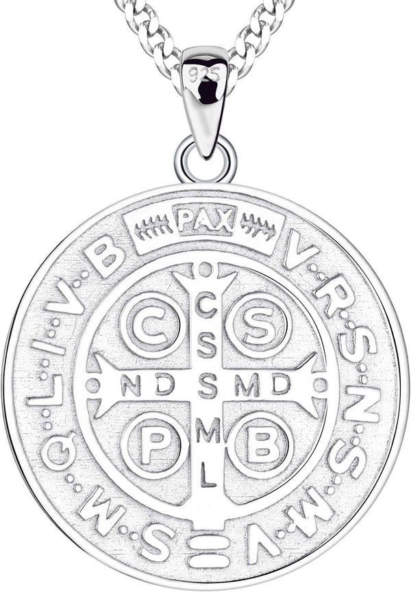 Saint Benedict Necklace 925 Sterling Silver Patron Saint Benedict Medal Pendant Amulet Protection Religious Jewelry for Men Women