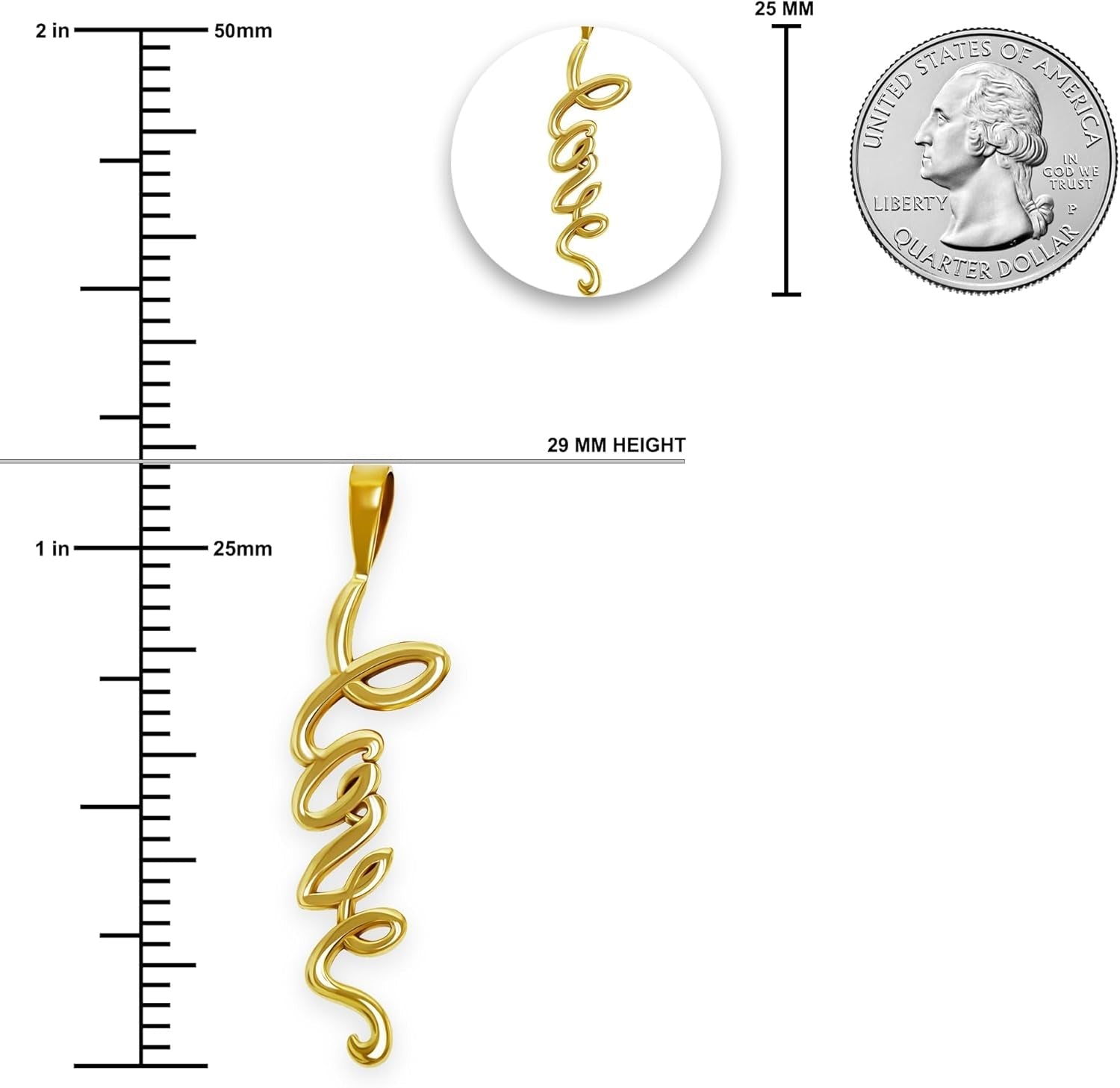 Gold Vertical Love Charm - 10 Karat Solid Gold - Cursive Love Pendant