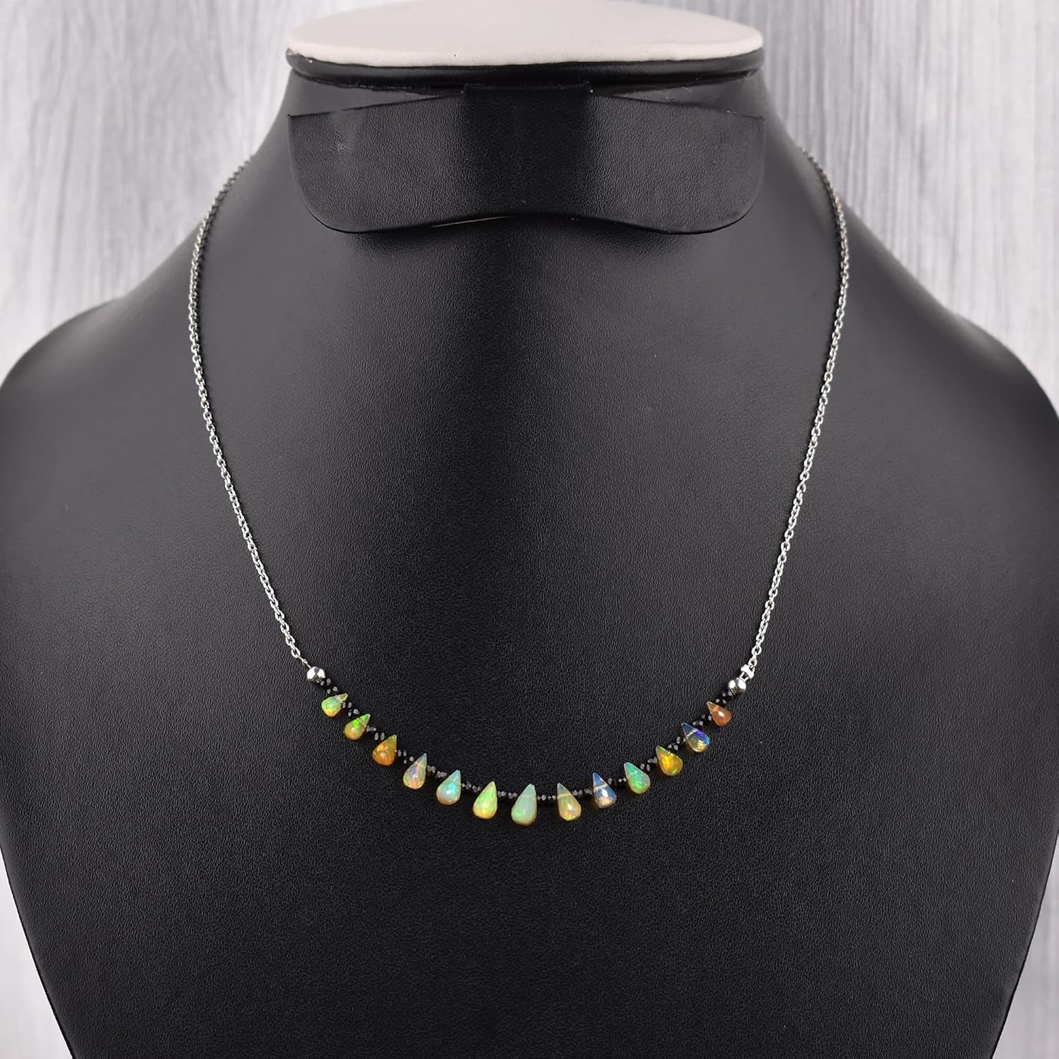 Fire Opal & Black Spinel Necklace for Women Birthstone Natural Gemstone Beads Dainty Designer Jewelry Chakra Energy Healing Crystals 925 Sterling Silver Chain 18 Inch