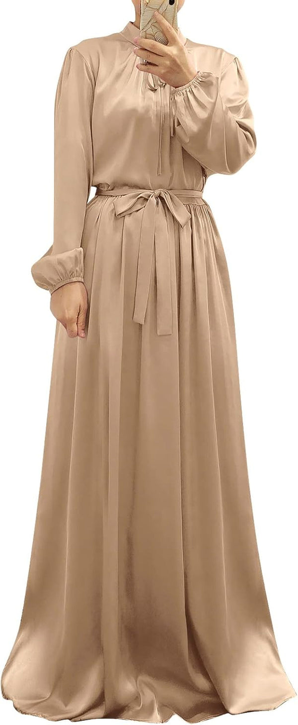 Women'S Muslim Kaftan Abaya Prayer Dress Long Sleeve Self Tie Maxi Dress Middle East Arabian Robe Gown