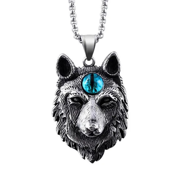 Stainless Steel Jewelry, Punk Devil Wolf, Ruby Sapphire Eye Pendant Necklace