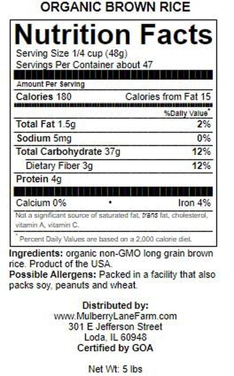 Brown Rice 5 Pounds Long Grain, USDA Certified Organic Non-Gmo Bulk, Product of USA,