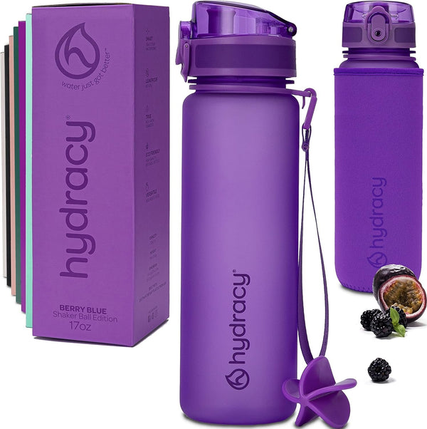 Water Bottle with Shaker Ball & Time Marker - 500Ml 17Oz Bpafree Water Bottle -Leak Proof & No Sweat Gym Bottle W/Fruit Infuser Strainer -Ideal Gift for Fitness, Sports & Outdoors -Berry Blue