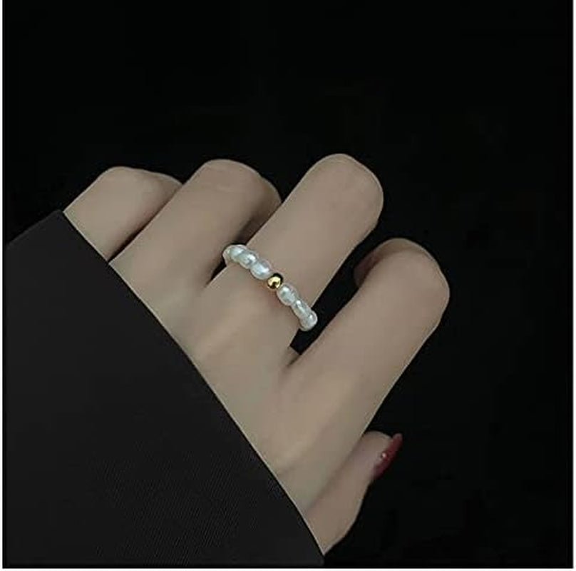 Stretch Freshwater Pearl Rings with 14K Gold Plated Beaded Adjustable Stackable Rings Holiday Gift for Women Girls