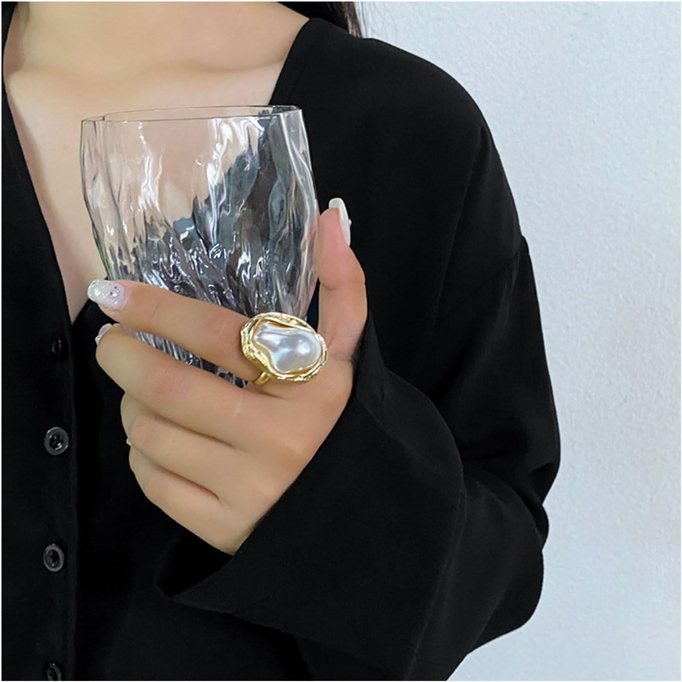 Pearl Ring for Women Geometrical Irregular Pearl Ring Womens Open Adjustable Index Finger Rings