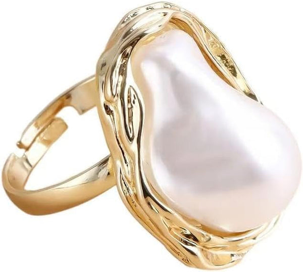 Baroque Pearl Ring for Women 14K Gold Adjustable Irregular Pearl Rings for Woman Trendy Stacking Irregular Pearl Finger Ring for Wedding Party