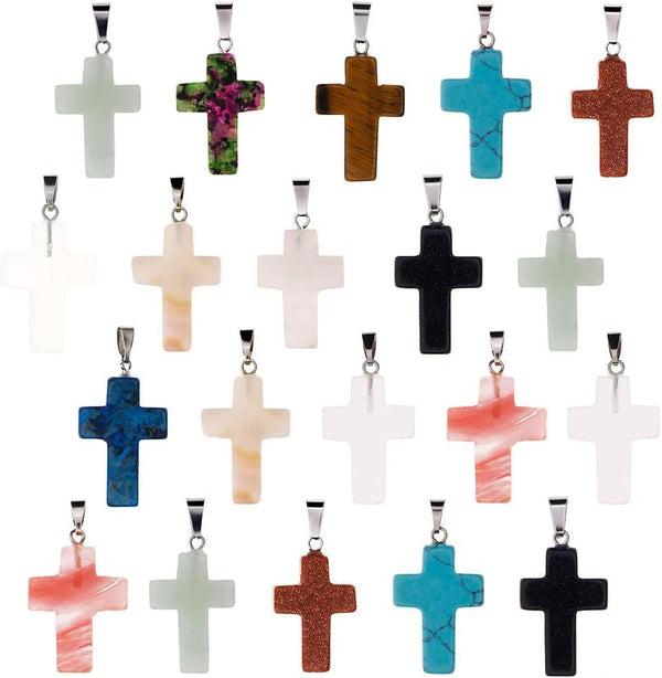 Wholesale 20 Pieces Cross Shape Stone Pendants Chakra Beads Crystal Quartz Healing Charms for DIY Necklace Jewelry Making, Assorted Color