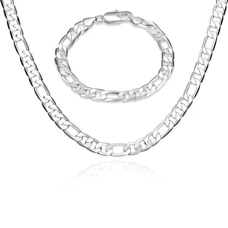 2Pcs/Set(Bracelet+Necklace) 925 Sterling Silver Charms Men Women Figaro Curb Lobster Clasps Link Chain Bracelet and Necklace Fashion Exquisite Jewelry Gifts
