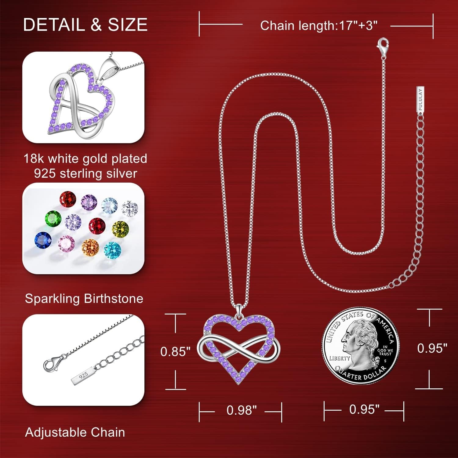 Women'S Love Heart Necklace, Birthstone Infinite Pendant, 14 Gold Plated Silver Sapphire/Ruby/Emerald/Amethyst/Aquamarine Jewelry for Mom/Wife/Gilrfriend