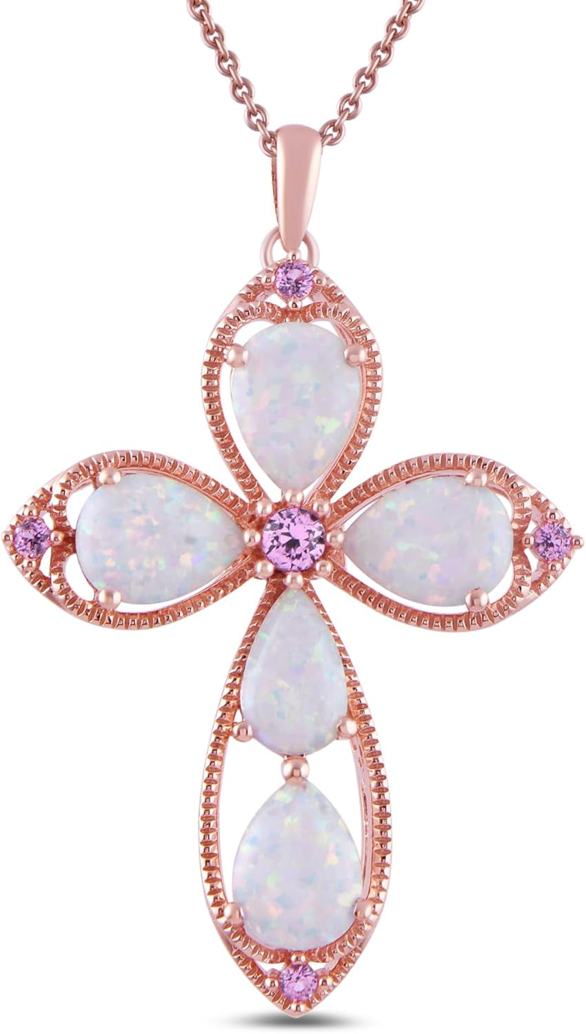 Womens 14K Rose Gold over Sterling Silver Created Opal with Created Pink Sapphire Cross Pendant Necklace, 18", (Previously Amazon Collection)