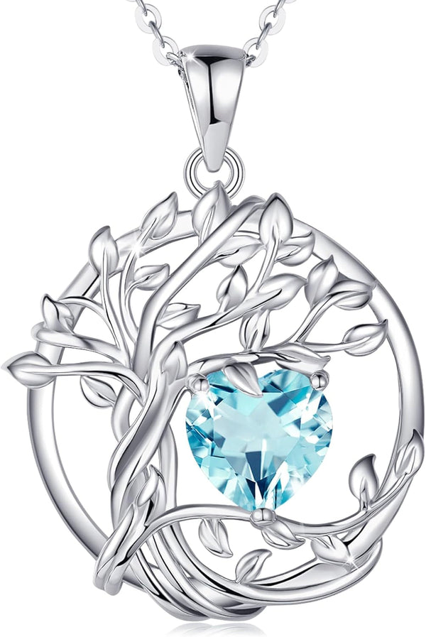 Tree of Life Birthstone Necklace Sterling Silver Pendant Birthstone Necklace Gemstone Anniversary Birthday Jewelry Christmas Gifts for Mom Her Wife