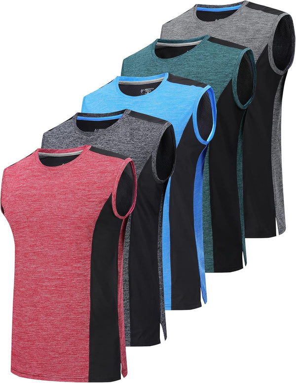 Pack of 5 Men'S Stretch Cool Dry Muscle Tank Tops Athletic Crewneck Sleeveless Workout Shirts