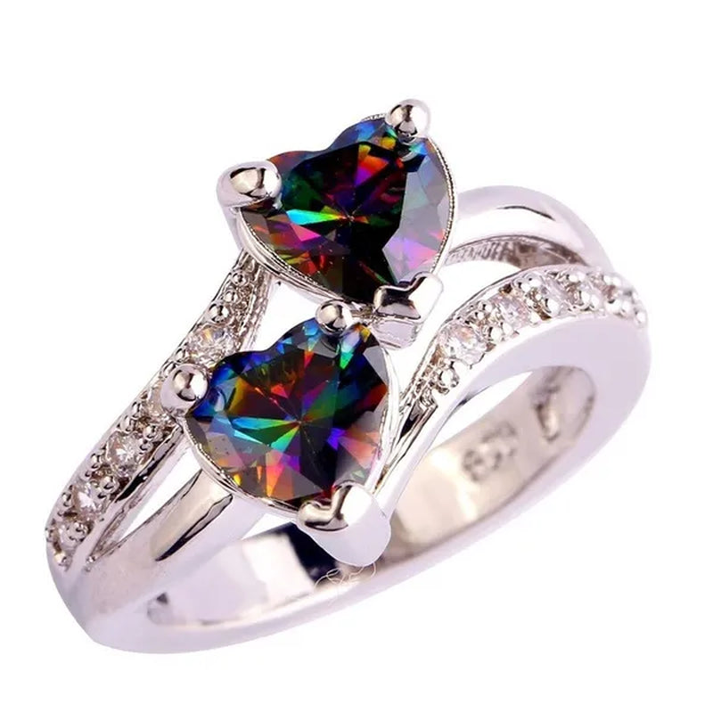 Exquisite 925 Sterling Silver Double Love Heart Rings Natural Sapphire Gemstones Crystal Diamond Wedding Engagement Ring Jewelry Accessories