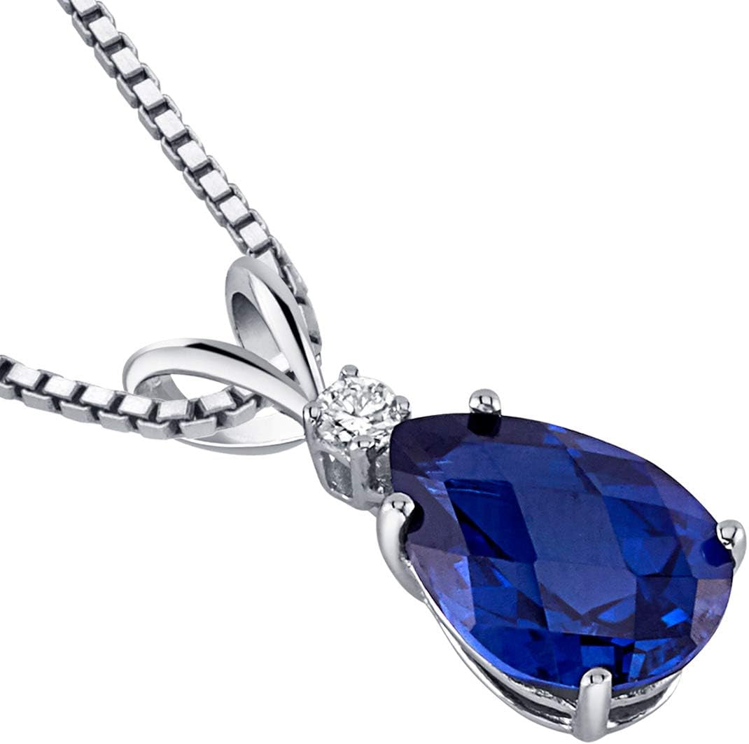 Solid 14K White Gold Created Blue Sapphire with Genuine Diamond Pendant for Women, Elegant Teardrop Solitaire, 2.45 Carats Pear Shape 10X7Mm, Sparkling Blue Sapphire Jewelry, W/Jewelry Box