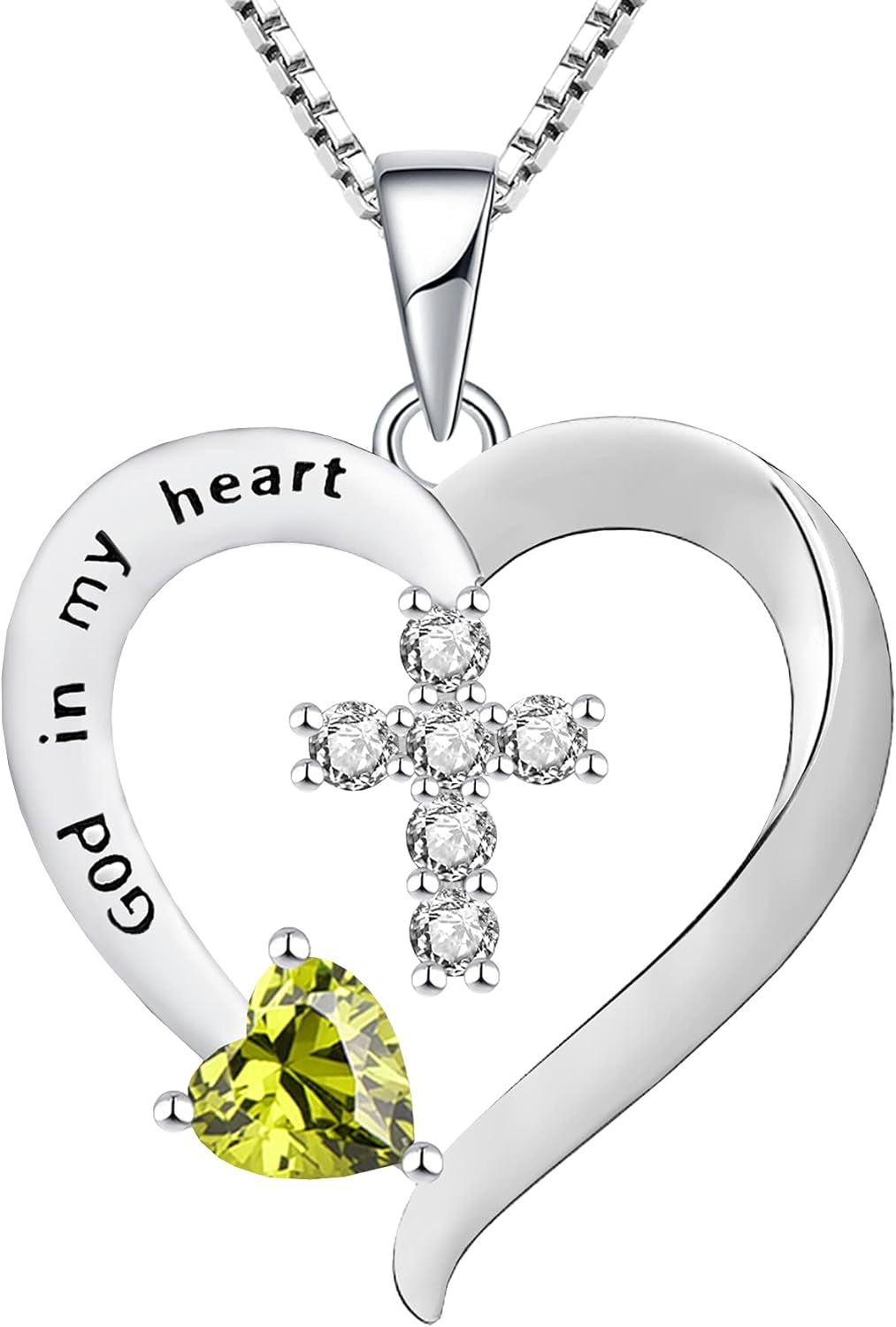 Women'S Heart Cross Necklace 925 Sterling Silver Birthstone Pendant God in My Heart Jewelry