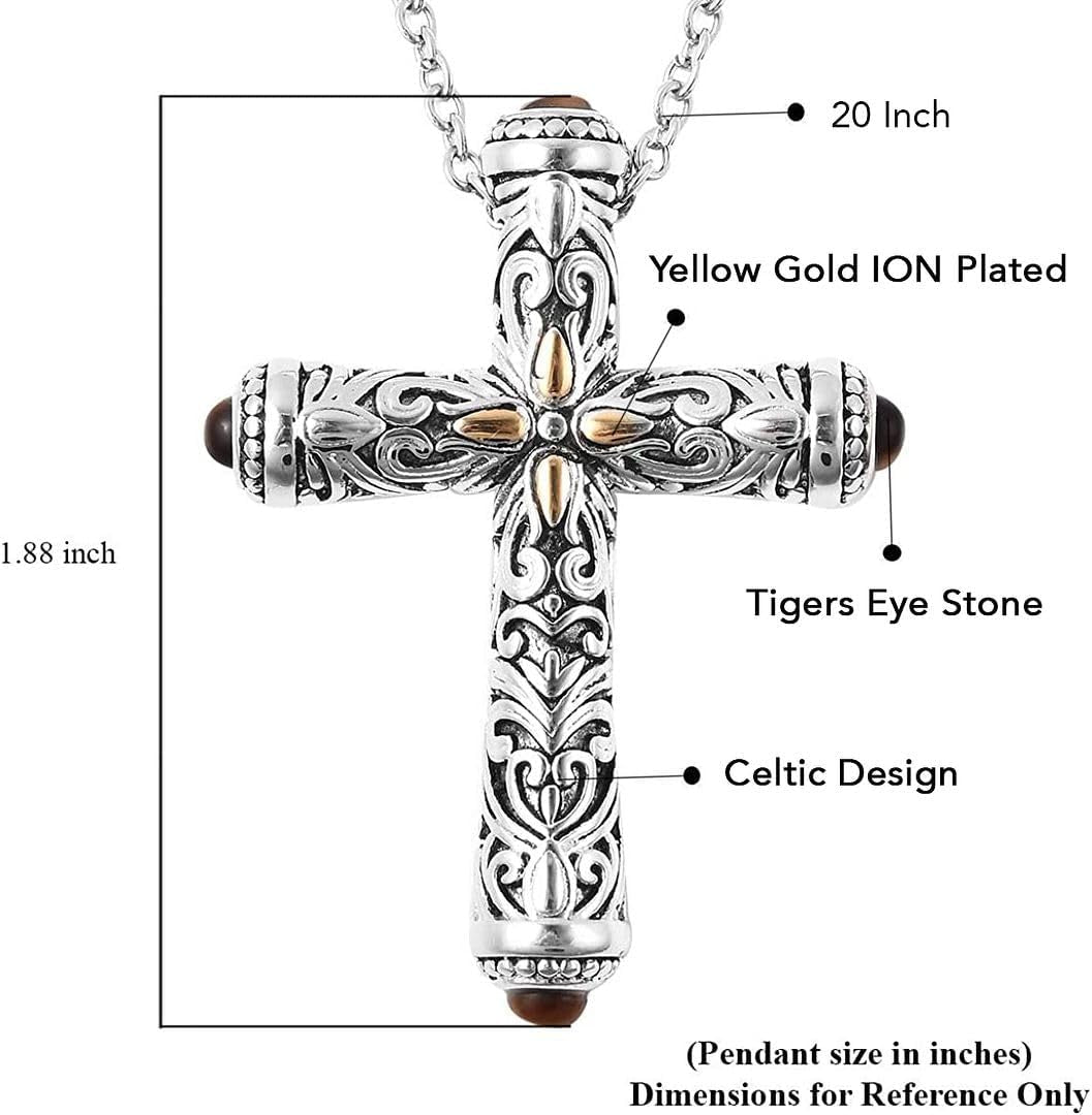 Stainless Steel Celtic Cross Necklace for Women Men Yellow Gold ION Plated Tigers Eye Stone Christian Jewelry Religious Prayer Gifts for Women Chain Size 20" Birthday Gifts