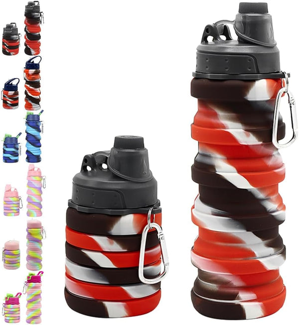 Silicone Collapsible Water Bottles, 16Oz 500Ml Portable Foldable Expandable Water Bottle Sports Cups, Leak Proof Reusable BPA Free, for Outdoor Activities Travel (A-Black Red)