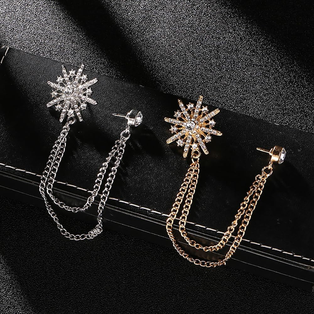 Sparkling Star Burst Chain Brooch Pin Crystal Rhinestone Snowflake Hanging Long Tassel Pins Clip Lapel Collar Suit Dress Hat Tuxedo Badges Clothes Accessories Brooches Pins Dainty Wedding Party Jewelry Gifts for Women Men Bridegroom