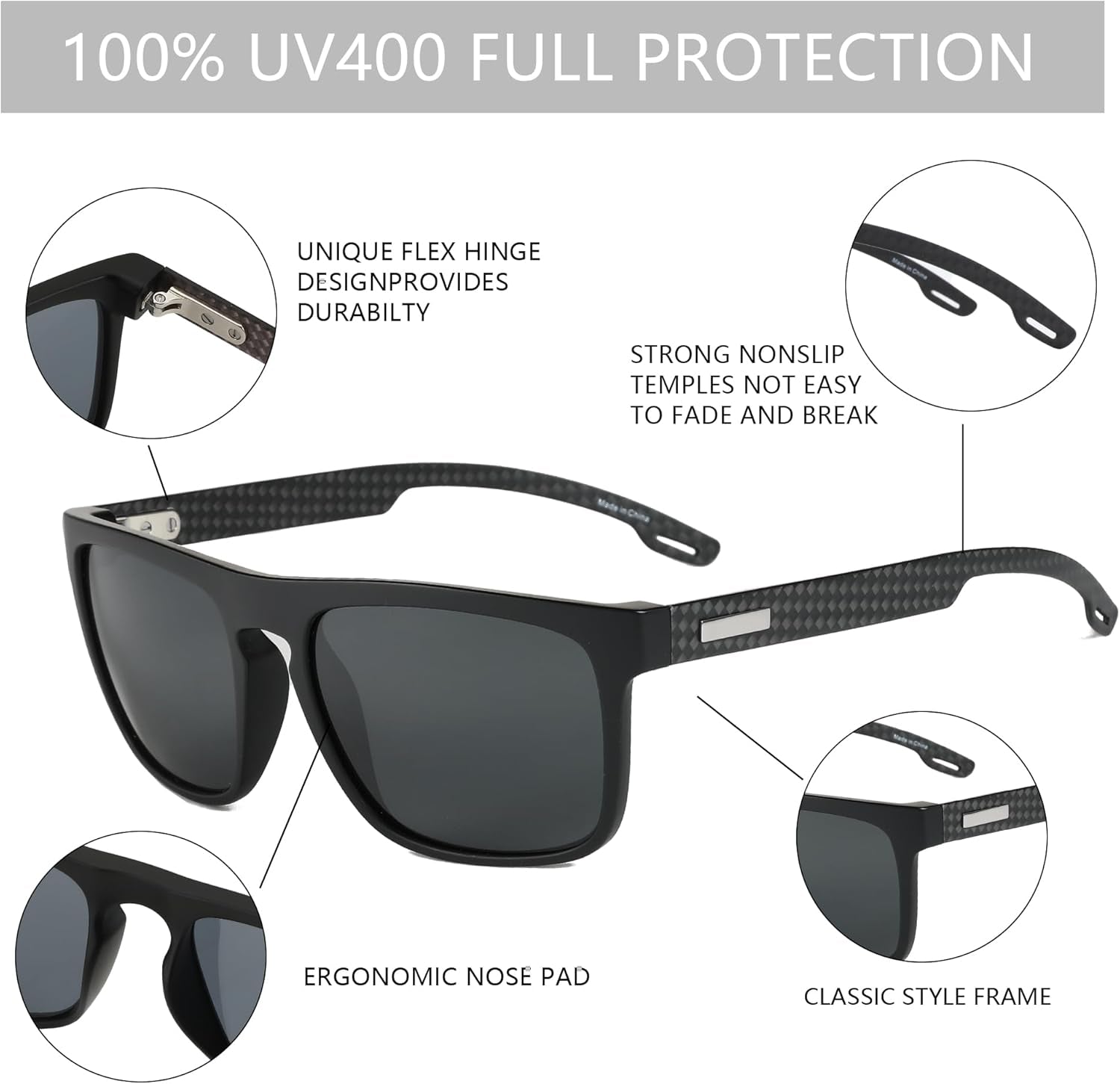 Polarized Sunglasses Men Square: Unbreakable TR90 Frame Carbon Fiber Temple UV400 Protection Sun Glasses for Driving
