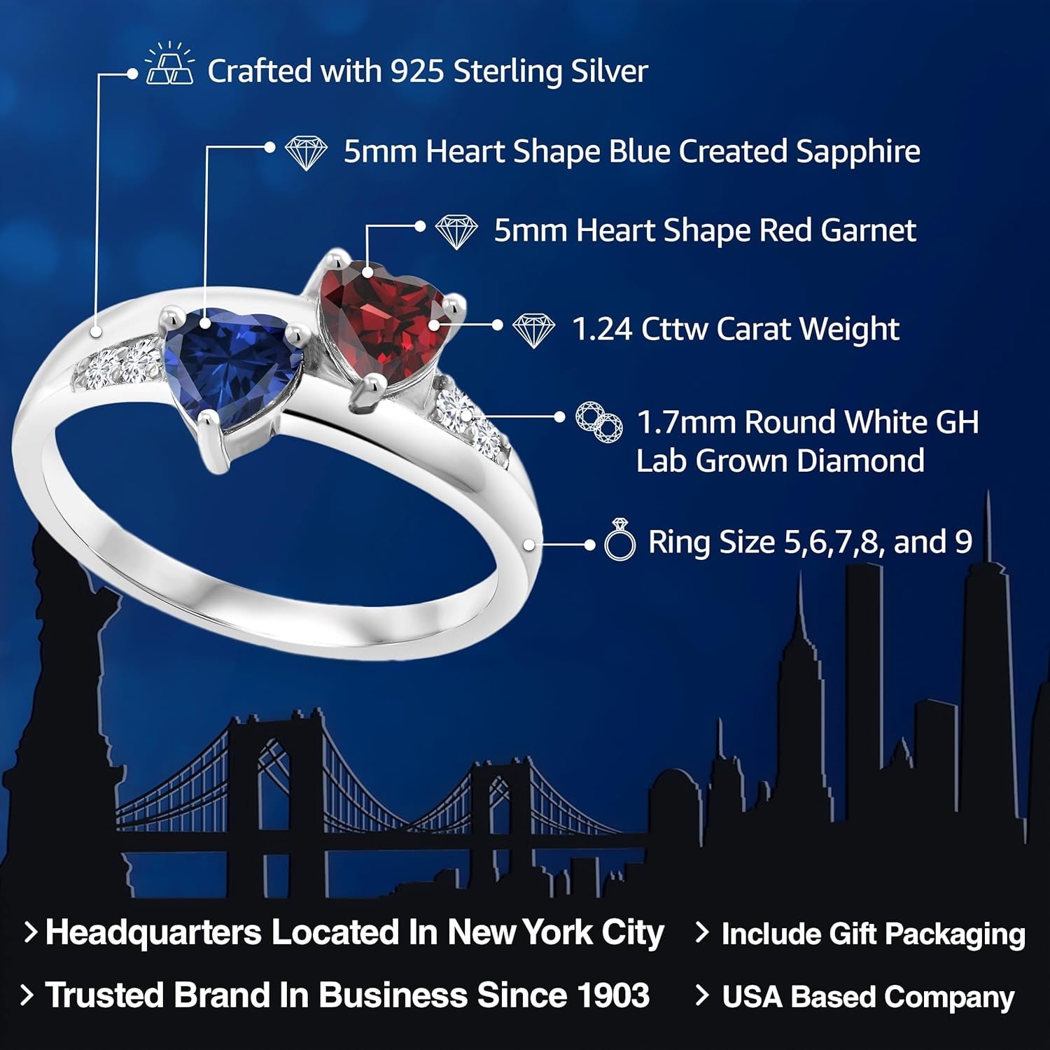 925 Sterling Silver Red Garnet and Blue Created Sapphire and Lab Grown Diamond Women Engagement Ring (1.24 Cttw. Heart Shape 5MM, Available in Size 5, 6, 7, 8, 9)