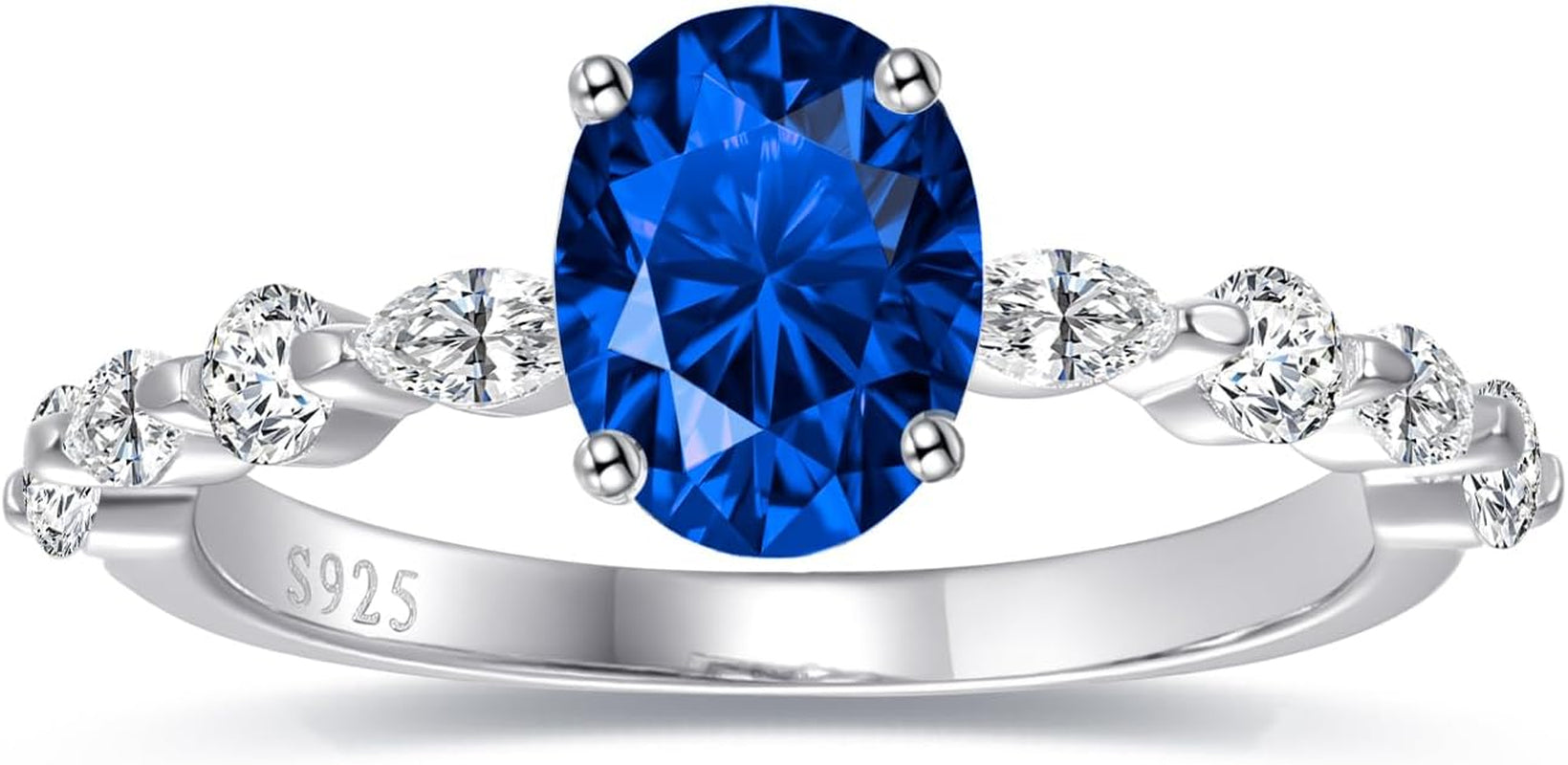 1.5Ct Oval-Cut Created Sapphire Rings 925 Sterling Silver White Gold Plated Blue Oval Engagement Ring for Women Paved Cubic Zirconia Simple Dainty Ring Band Width 2.2Mm Size 7