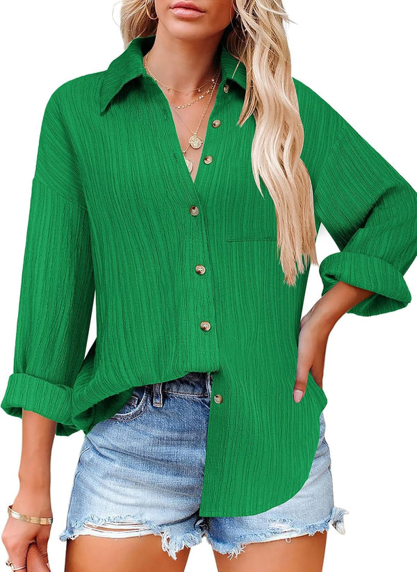 Womens Button down Shirts Long Sleeve Dress Shirt Textured Collared Work Blouse Dressy Casual Tops with Pocket