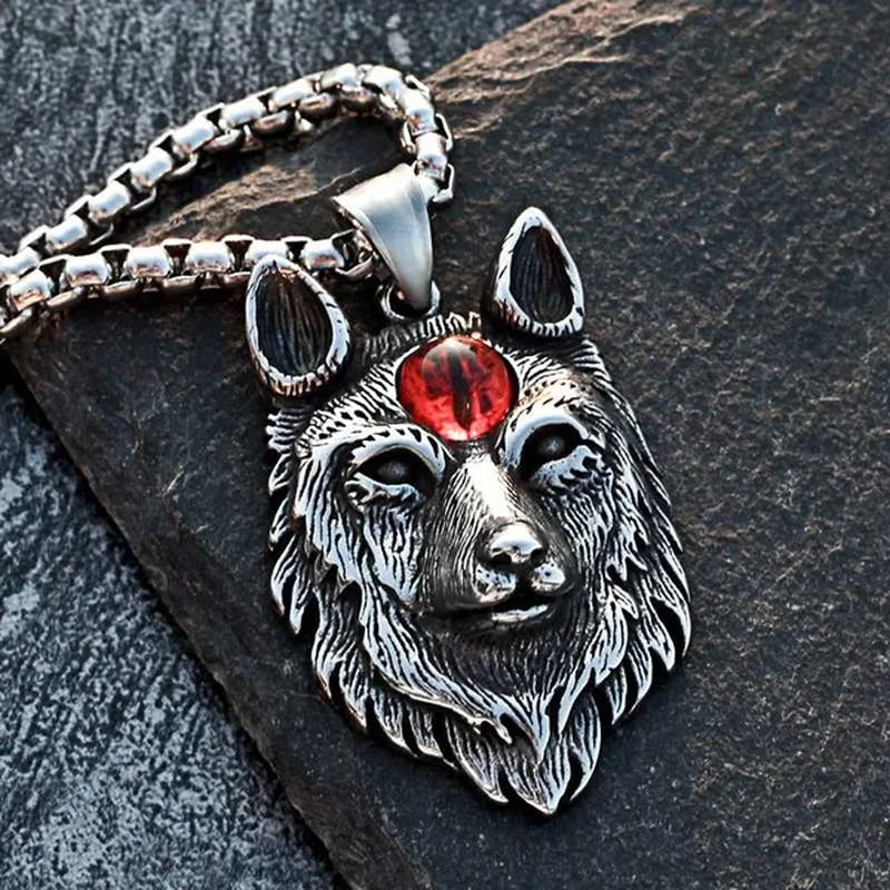 Stainless Steel Jewelry, Punk Devil Wolf, Ruby Sapphire Eye Pendant Necklace
