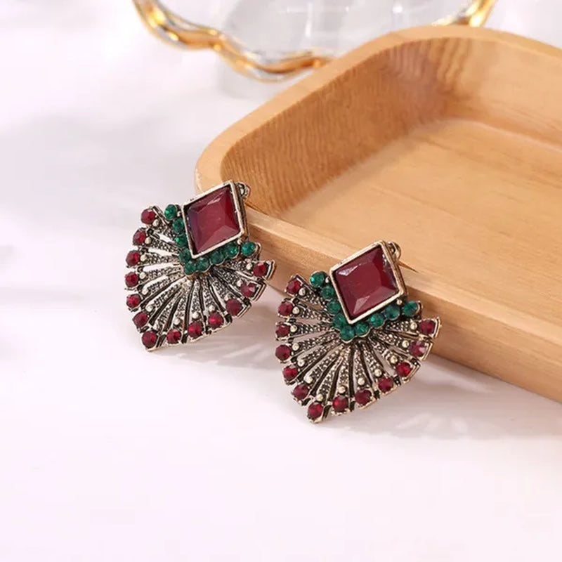Picture Color European and American Hot Style Retro Bohemian Ethnic Style Ruby Earrings Fan-Shaped Crystal Stud Earrings