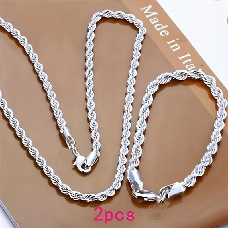Fashion and Exquisite Men and Women 925 Silver Solid Silver 4Mm Rope Chain Necklace Bracelet (Necklace + Bracelet)
