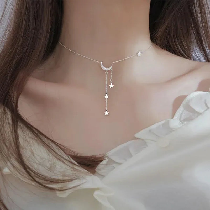 925 Silver Sterling Tassel Star Moon Necklace for Women Clavicle Chain Woman Jewelry Birthday Gift Accessories