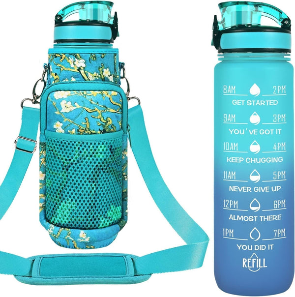 32 Oz Water Bottles with Straw & Strap, Motivational Water Bottles with Times to Drink, BPA Free Reusable Sports Water Bottle with Sleeve Carrier for Hiking, Travel, Running or Fitness