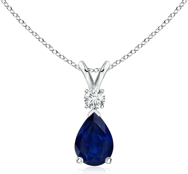 Natural 0.75 Carat Blue Sapphire Teardrop Pendant Necklace for Women with Diamond in 14K White Gold with 18 Inch Chain | September Birthstone Jewelry Gift