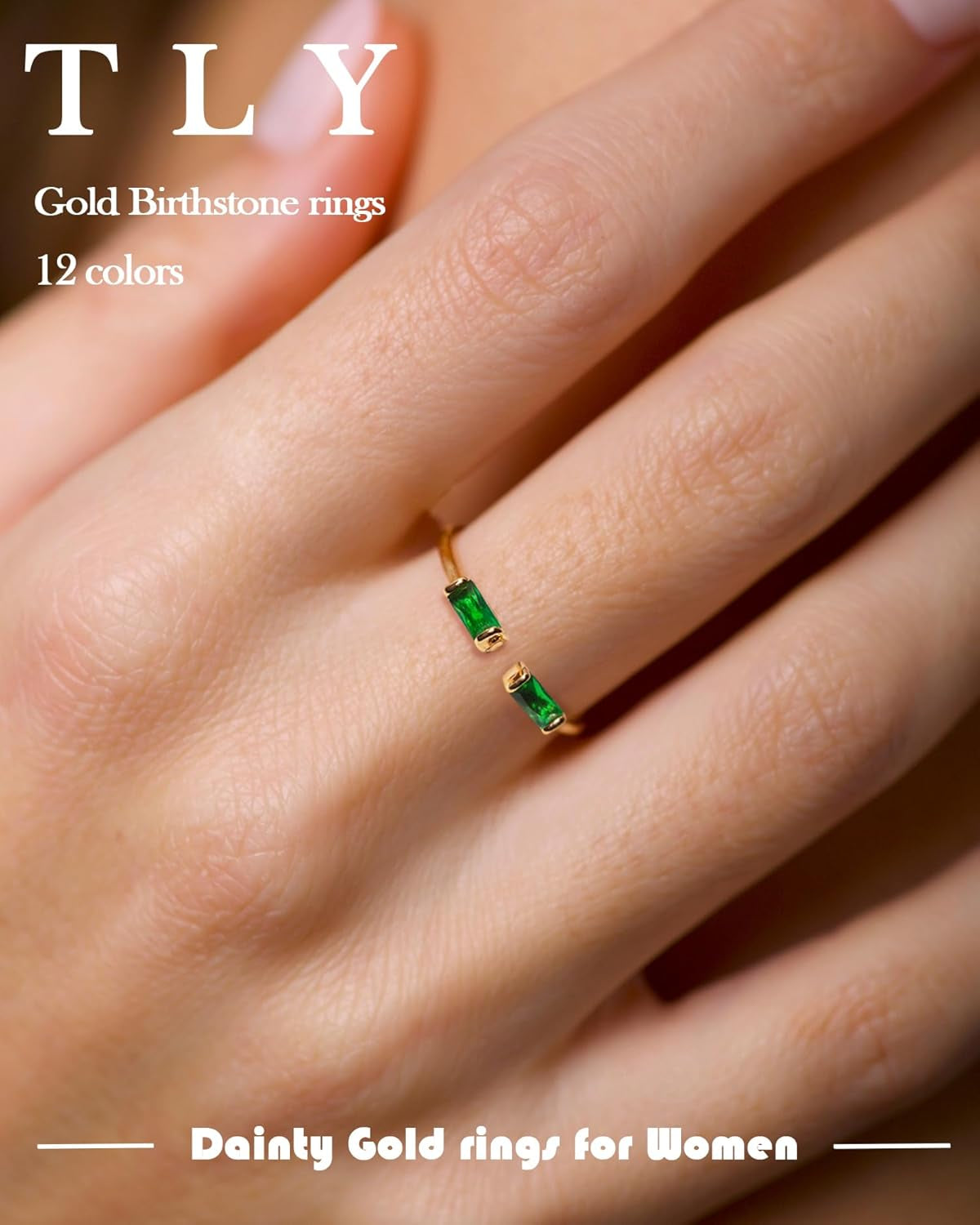 Gold Birthstone Rings for Women Non Tarnish 14K Gold Plated Stackable Rings Dainty CZ Adjustable Gemstone Emerald Green Stacking Open Thumb Ring Wedding Promise Rings Birthday Jewelry Gifts