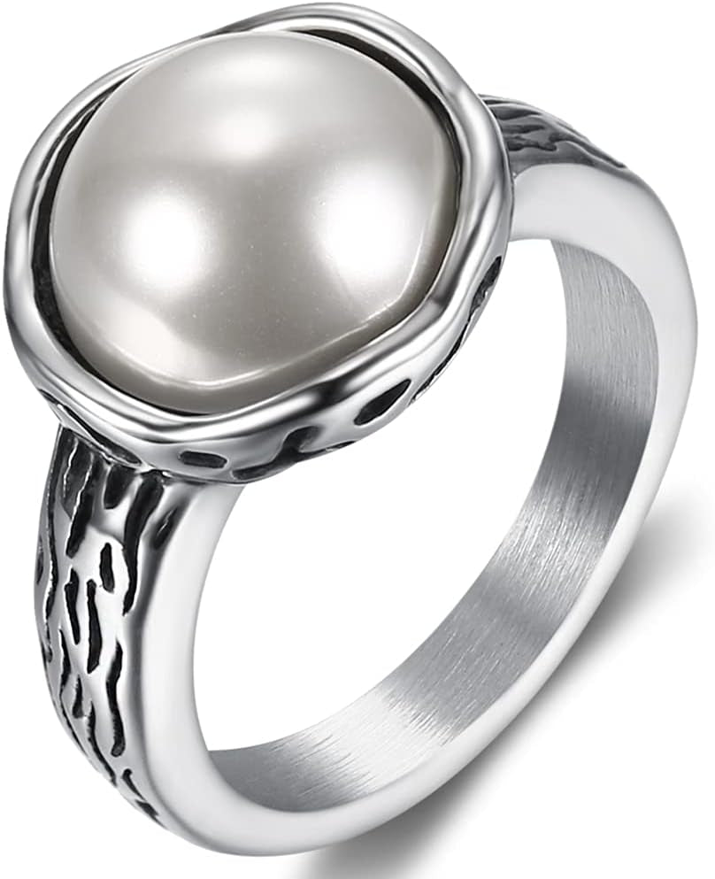 Stainless Steel Faux Pearl Solitaire Style Wedding Engagement Proposal Statement Anniversary Ring