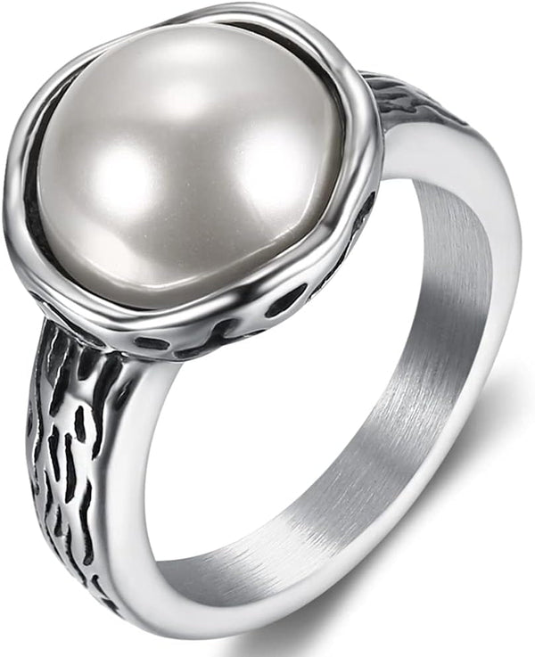 Stainless Steel Faux Pearl Solitaire Style Wedding Engagement Proposal Statement Anniversary Ring