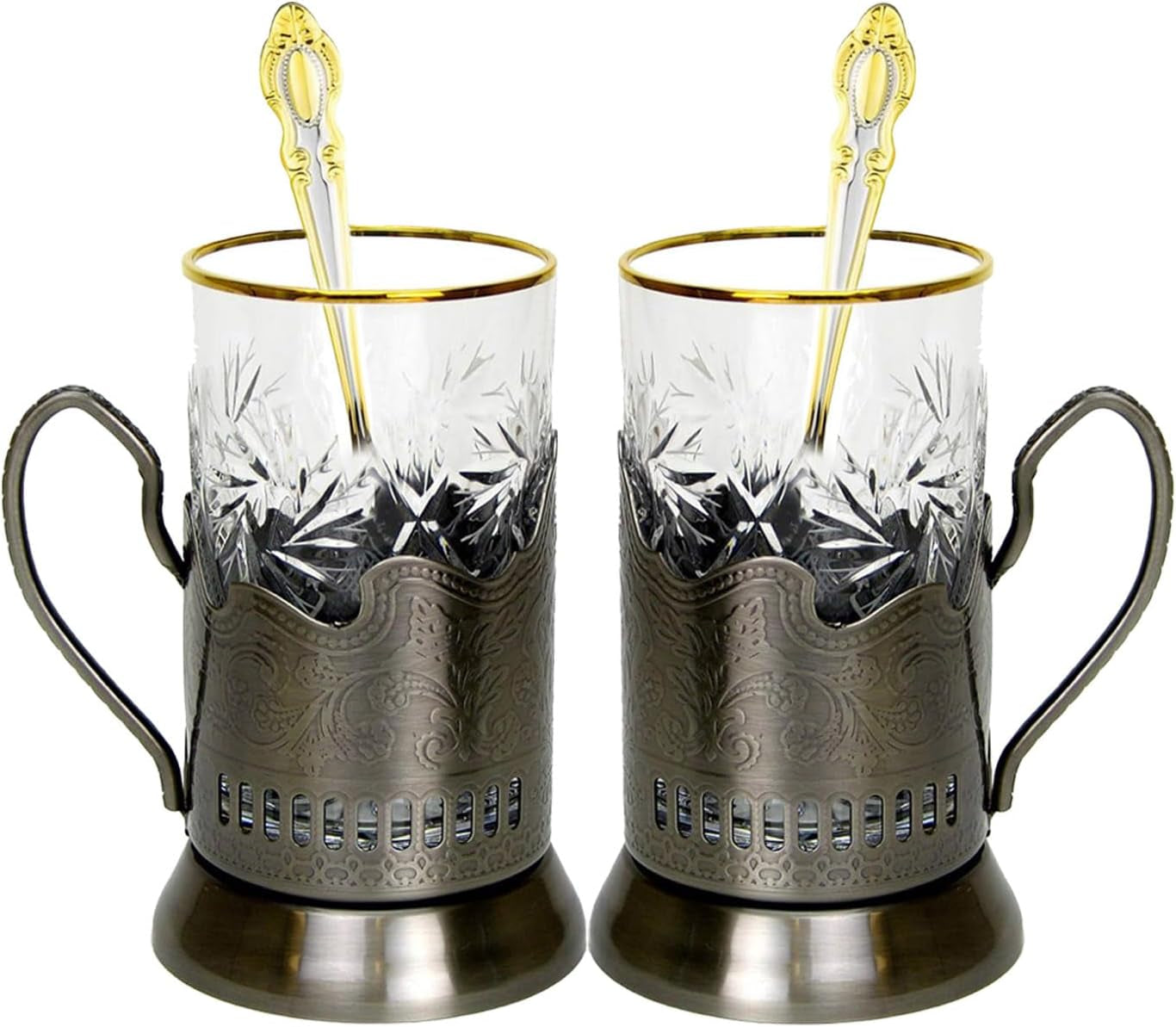 6-Pc Russian Tea Set, 24 Karat Gold Banded Tempered Crystal Glasses with Metal Glass Holders with Handles and Matching Teaspoons Vintage Design (2 Glass/Spoon/Holder)