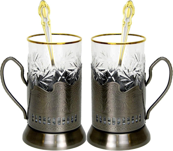 6-Pc Russian Tea Set, 24 Karat Gold Banded Tempered Crystal Glasses with Metal Glass Holders with Handles and Matching Teaspoons Vintage Design (2 Glass/Spoon/Holder)