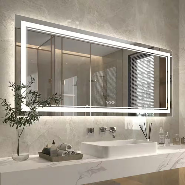 72 In. W X 32 In. H Oversized Rectangular Frameless Anti-Fog Wall Bathroom Vanity Mirror in Silver