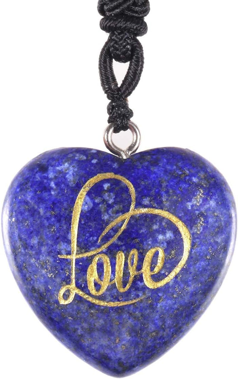 Carved LOVE Heart Stone Pendant Necklace for Women Men, Healing Crystal Point Necklaces for Unisex, Adjustable 18"-26" Strand, Pack of 2