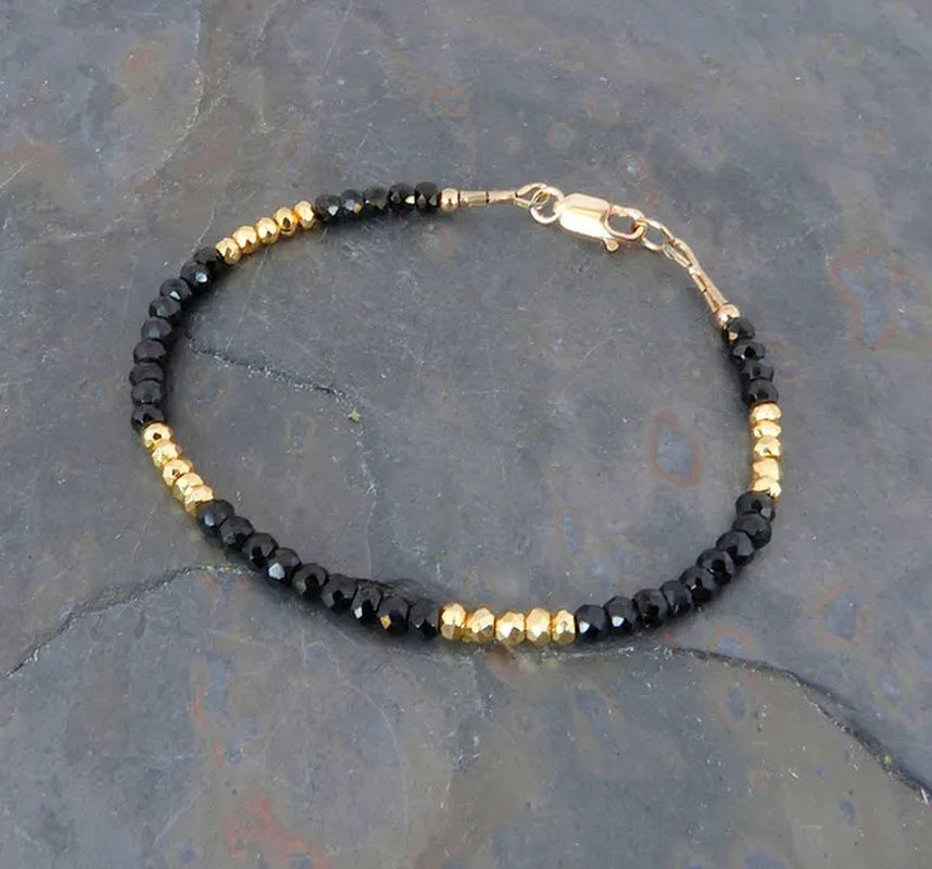 Faceted Black Spinel Gemstone & Gold Pyrite Bracelet