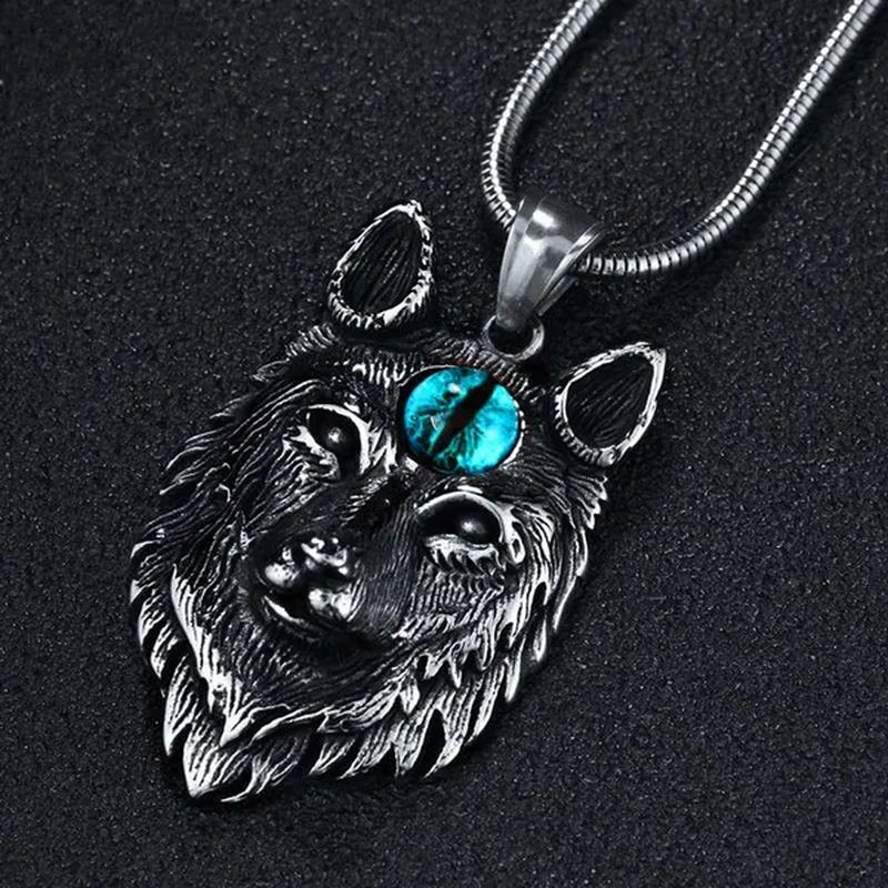 Stainless Steel Jewelry, Punk Devil Wolf, Ruby Sapphire Eye Pendant Necklace