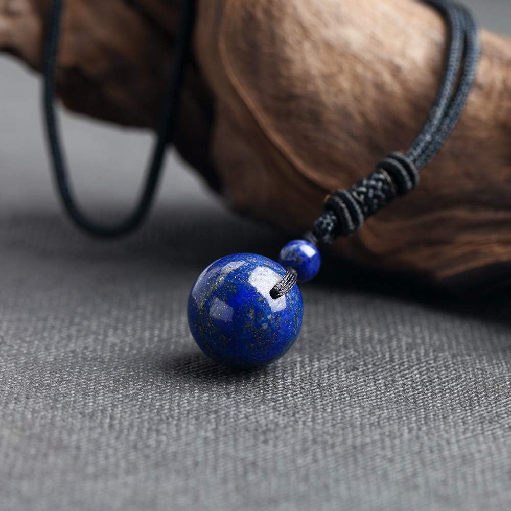 Unisex Genuine round Beads Gemstone Pendant Necklace Black Rope Chain 24 Inch for Men Women