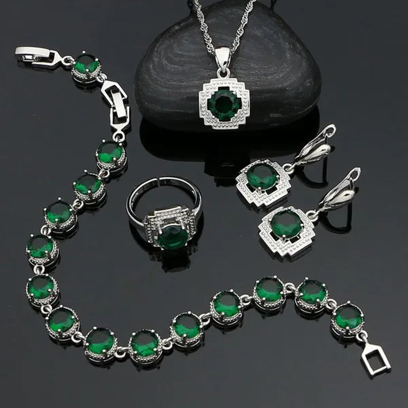 925 Sterling Silver Jewelry Set for Women Natural Green Cubic Zirconia Adjustable Ring Earrings Pendant Chain Bracelet 4PCS