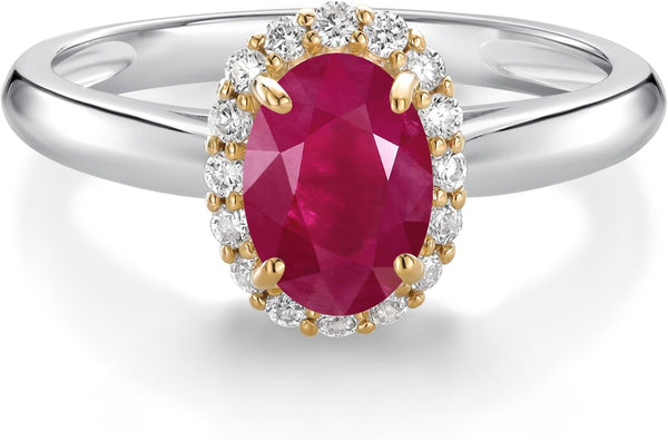 Halo Engagement Ring for Women in 10K White and Yellow Gold with 7X5MM Oval Gemstone Birthstone and White Lab Grown Diamond | Available in Size 5, 6, 7, 8, 9