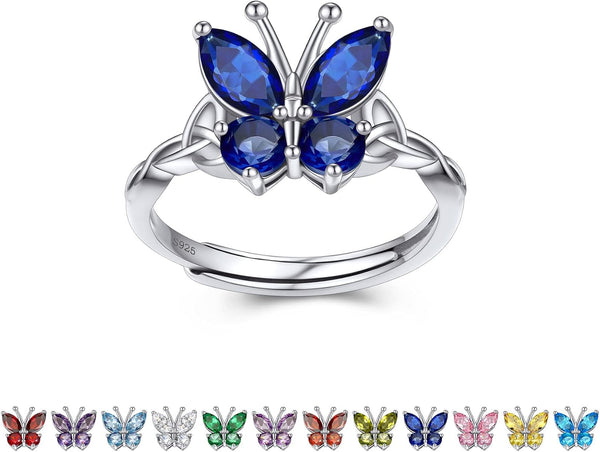 Sterling Silver Birthstone Rings for Women, Dainty Butterfly Stackable Ring Adjustable Ideal Valentine'S Gifts for Her
