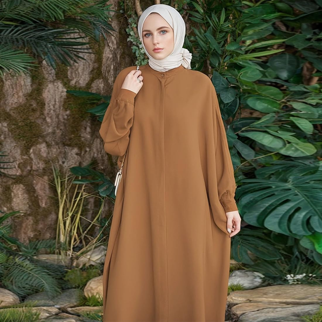 Muslim Dresses for Women Abaya Button down Henley Shirt Prayer Dress Batwing Long Sleeve Middle East Arabian Robe