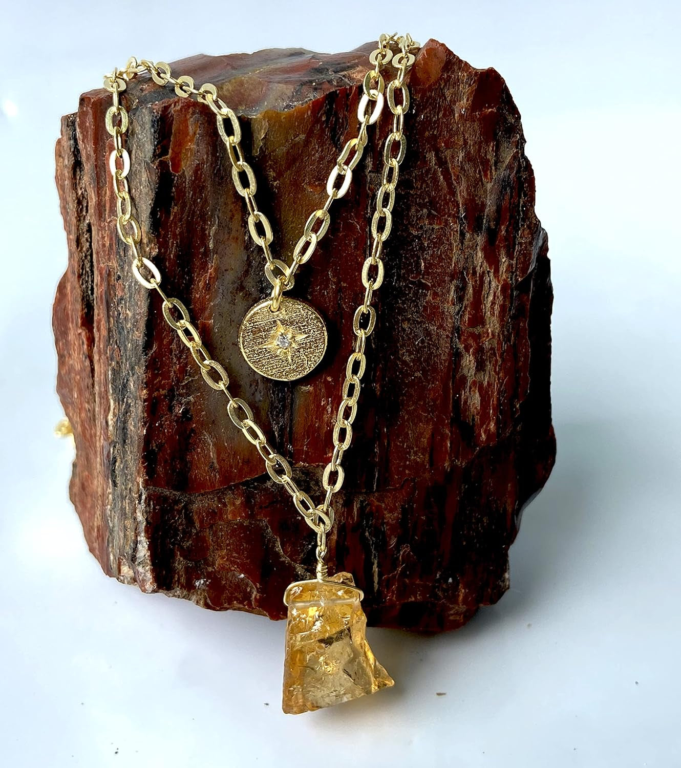 ALPHA® Raw Citrine Necklace with CZ Charm Pendant, Women Jewelry Rough Dainty Jewelry